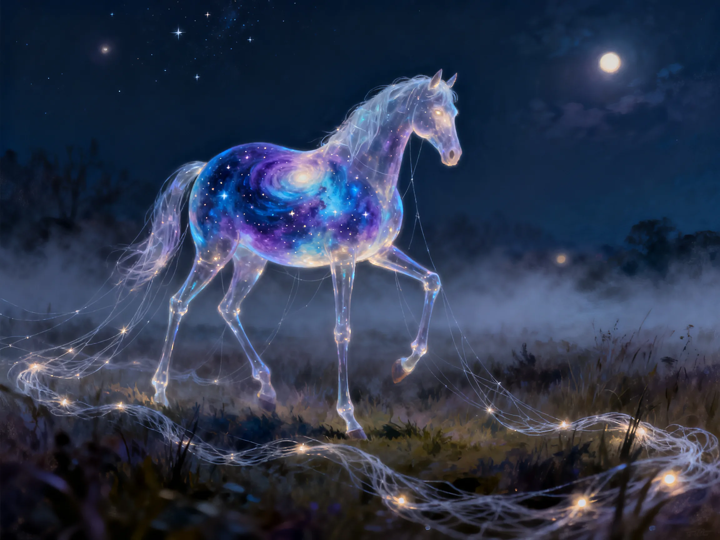 Translucent astral horse with a galaxy inside its body walking a moonlit field, mythical creature generated with AI