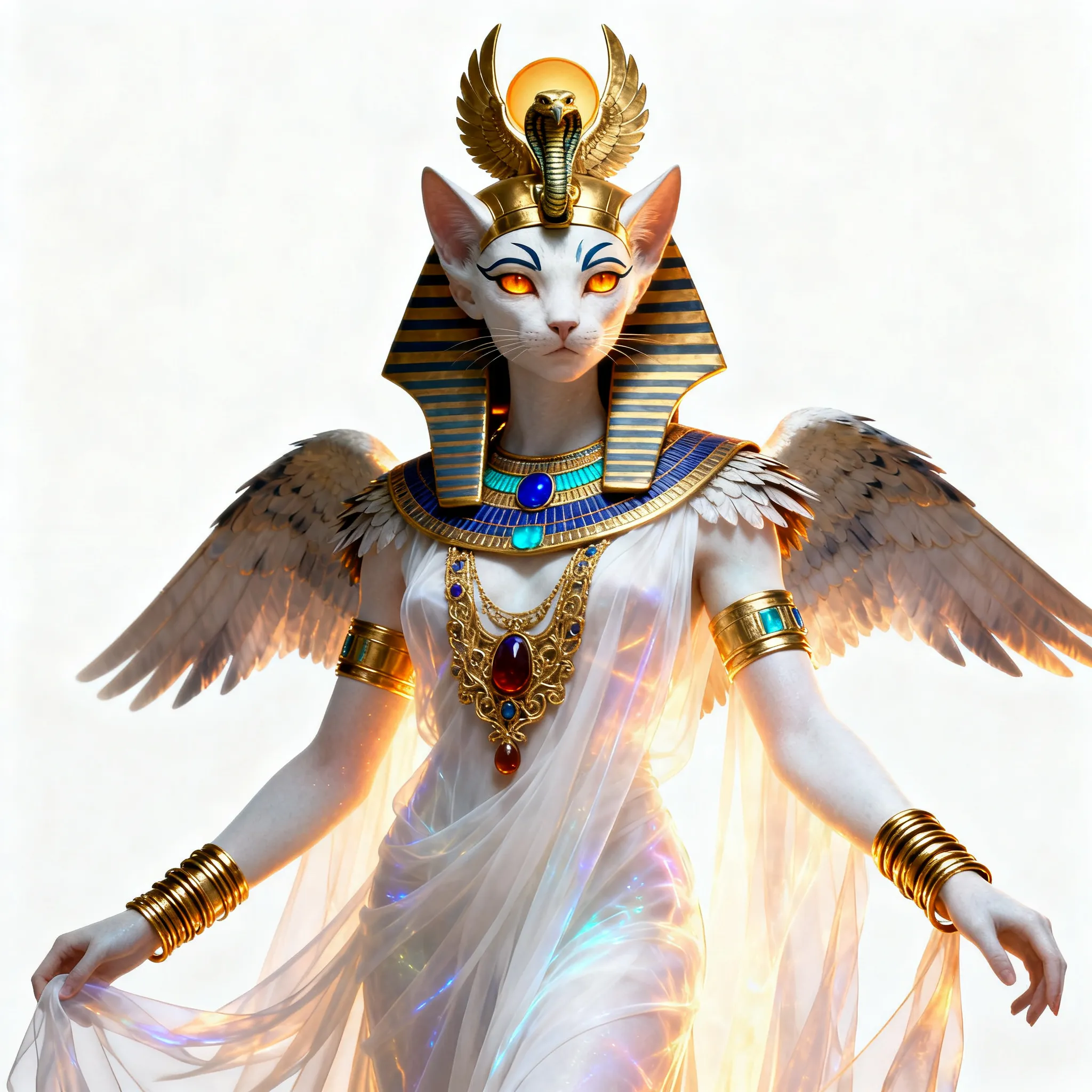 Winged cat-headed Egyptian deity in gold regalia with a sun-disc crown, mythical creature generated with AI