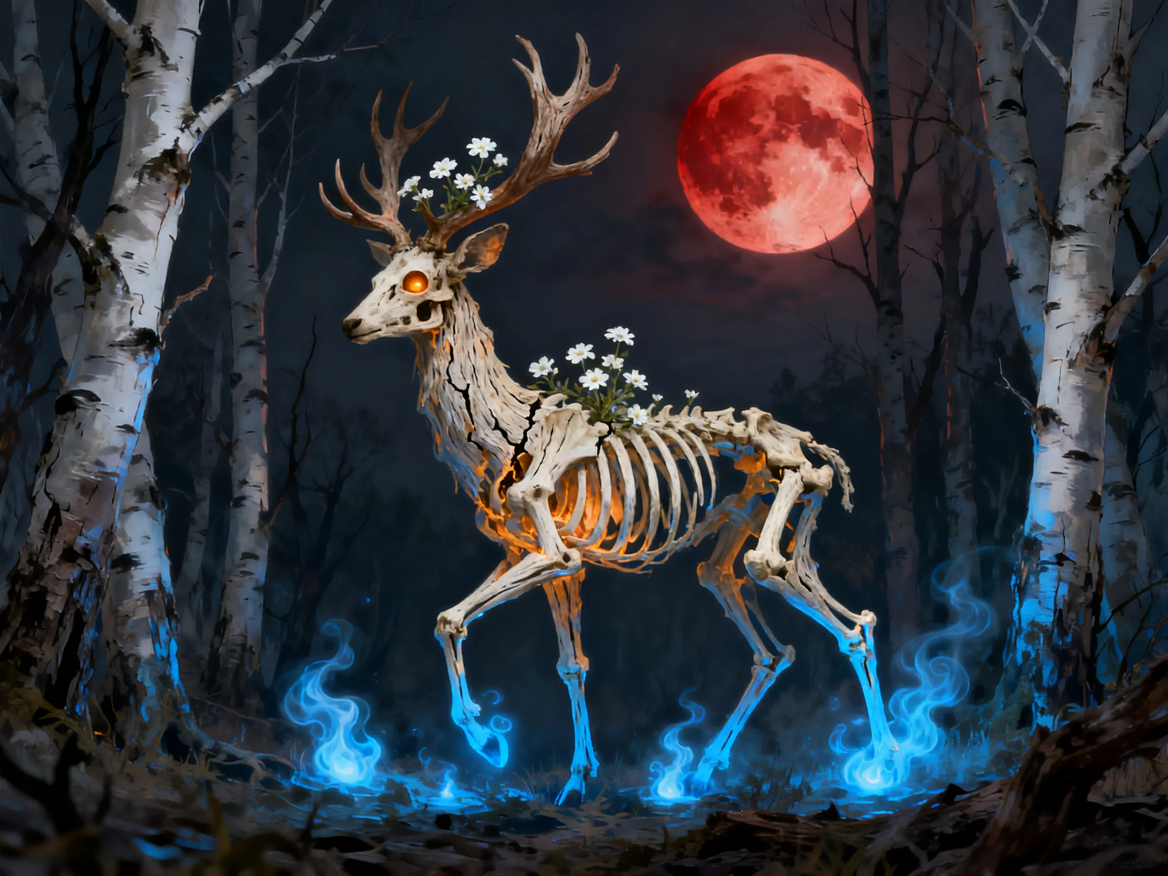 Skeletal stag with wildflowers and blue spirit fire under a blood moon, mythical creature generated with AI