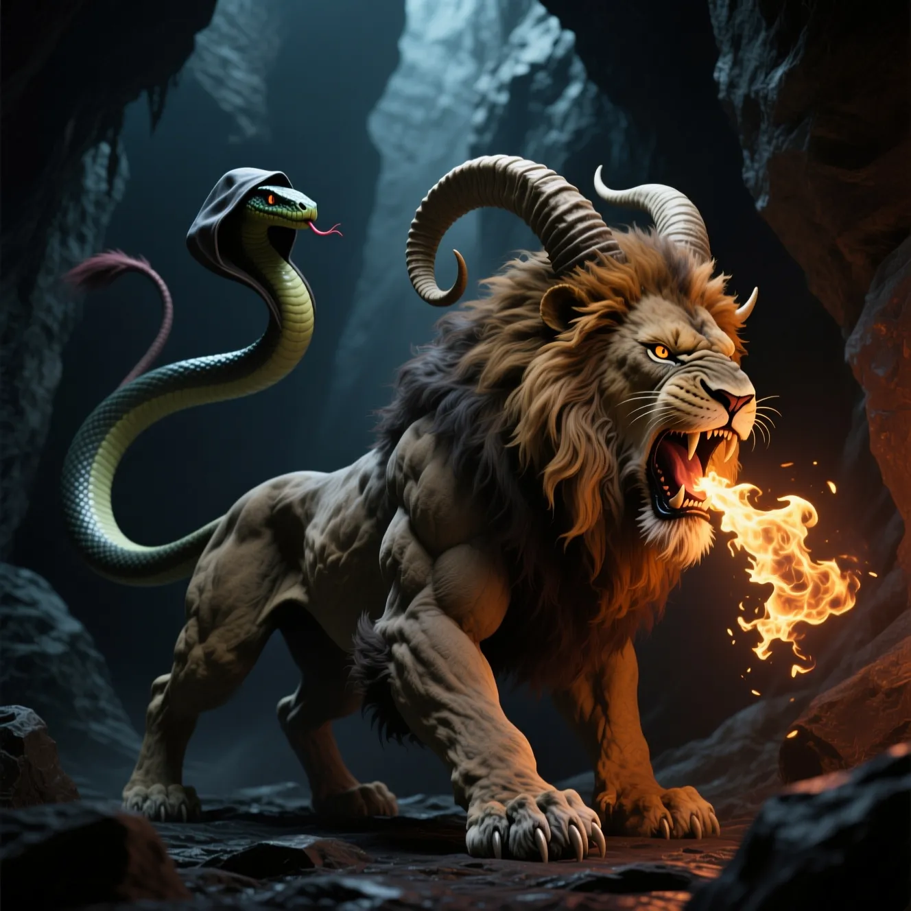 Fire-breathing chimera with a lion body, goat horns and serpent tail, mythical creature generated with AI