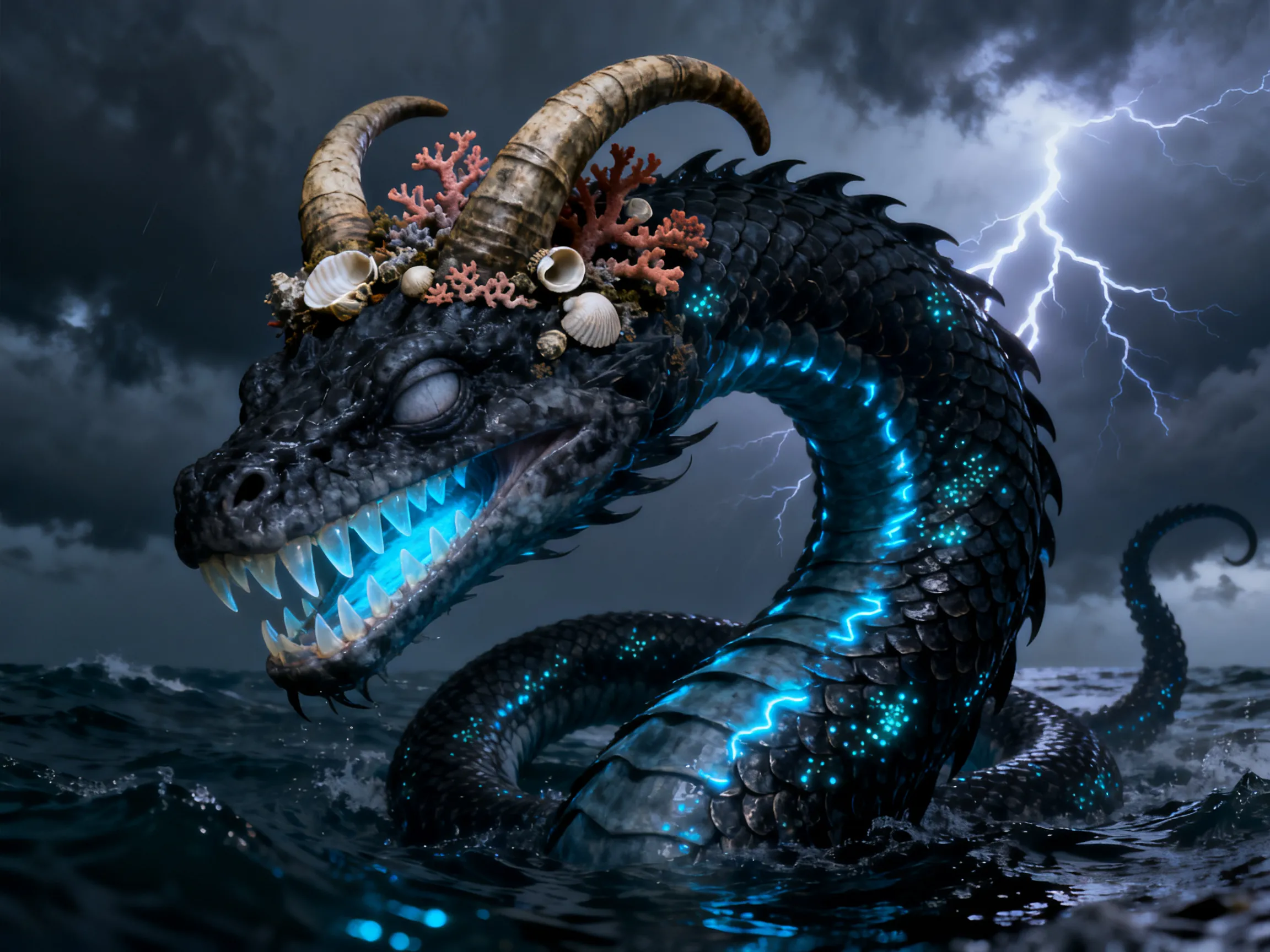 Coral-crowned sea serpent with bioluminescent scales in a lightning storm, mythical creature generated with AI