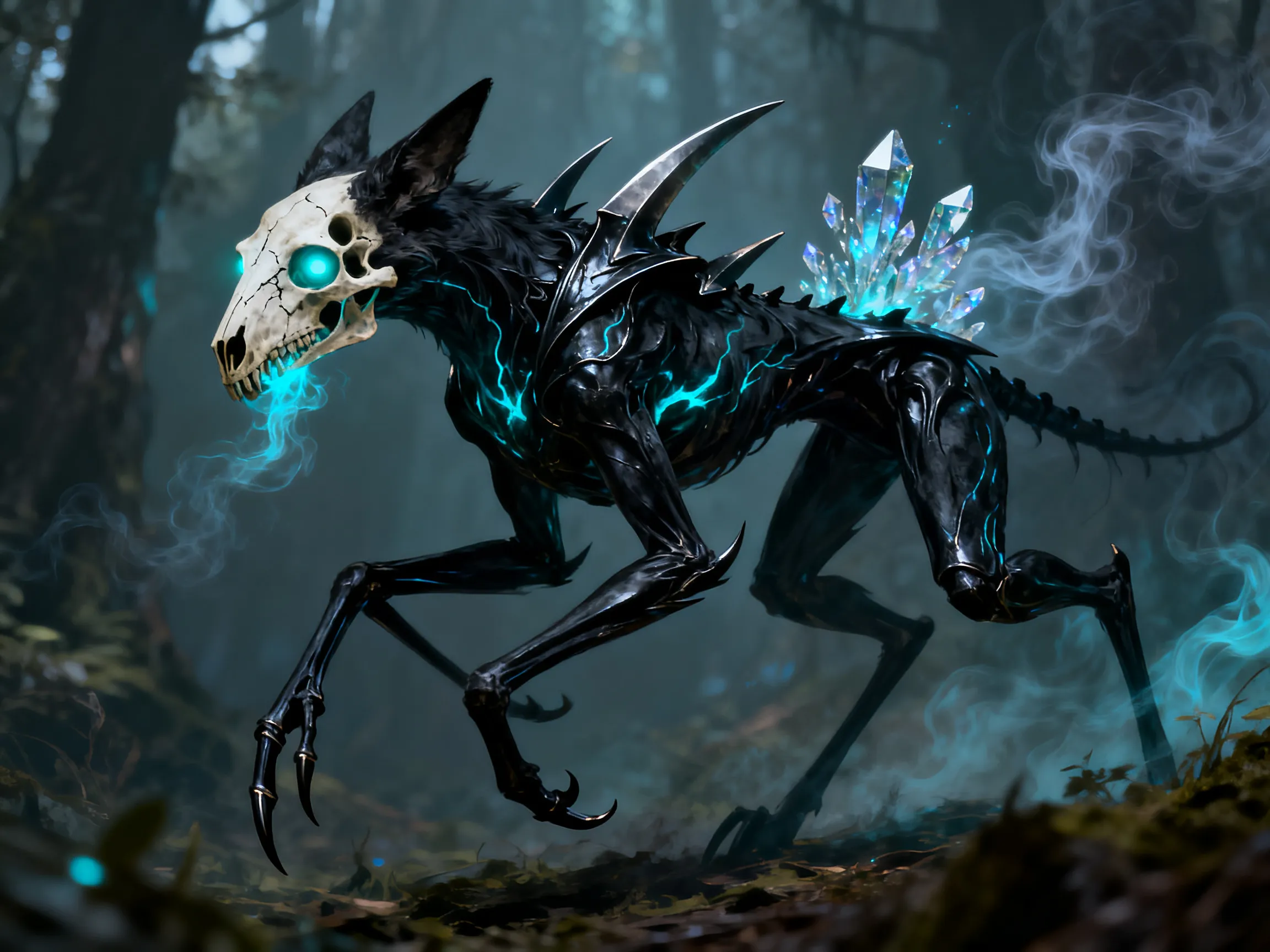 Skull-headed wendigo with crystal spines and cyan spectral flame in a dark forest, mythical creature generated with AI