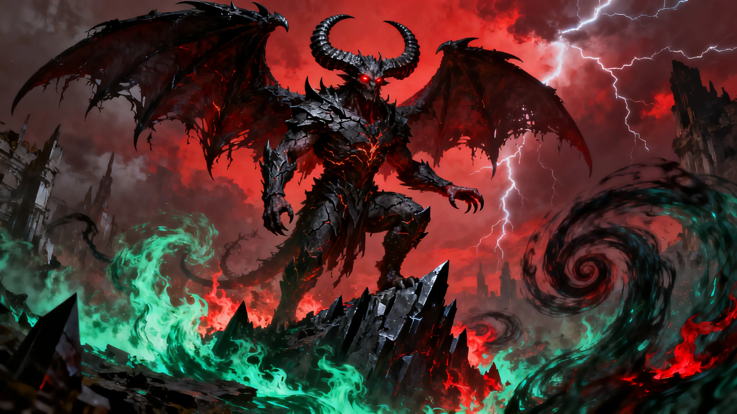 Winged demon lord in a ruined city under a red sky, mythical creature generated with AI