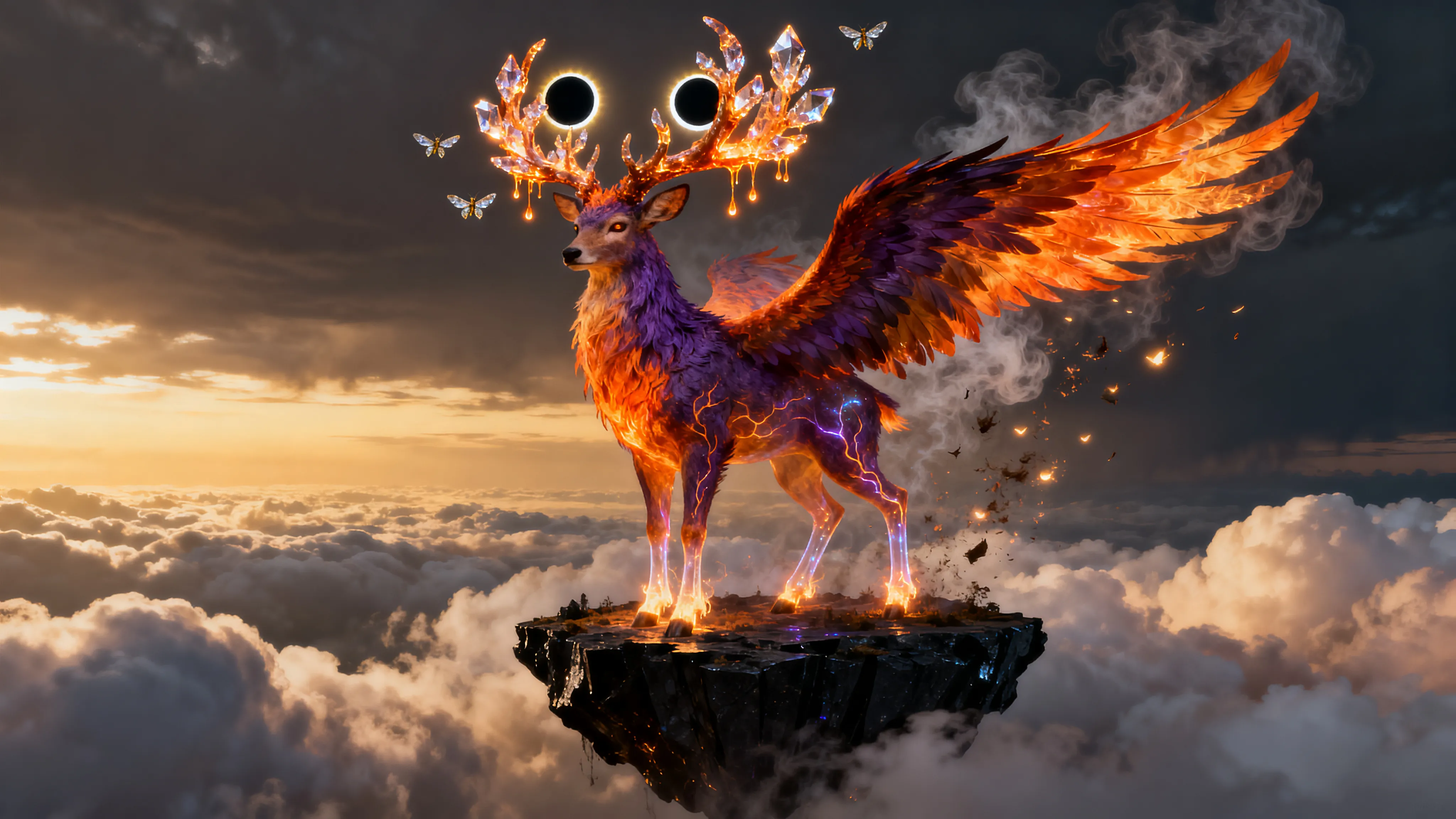 Winged stag with crystal antlers and burning plumage above the clouds during an eclipse, mythical creature generated with AI
