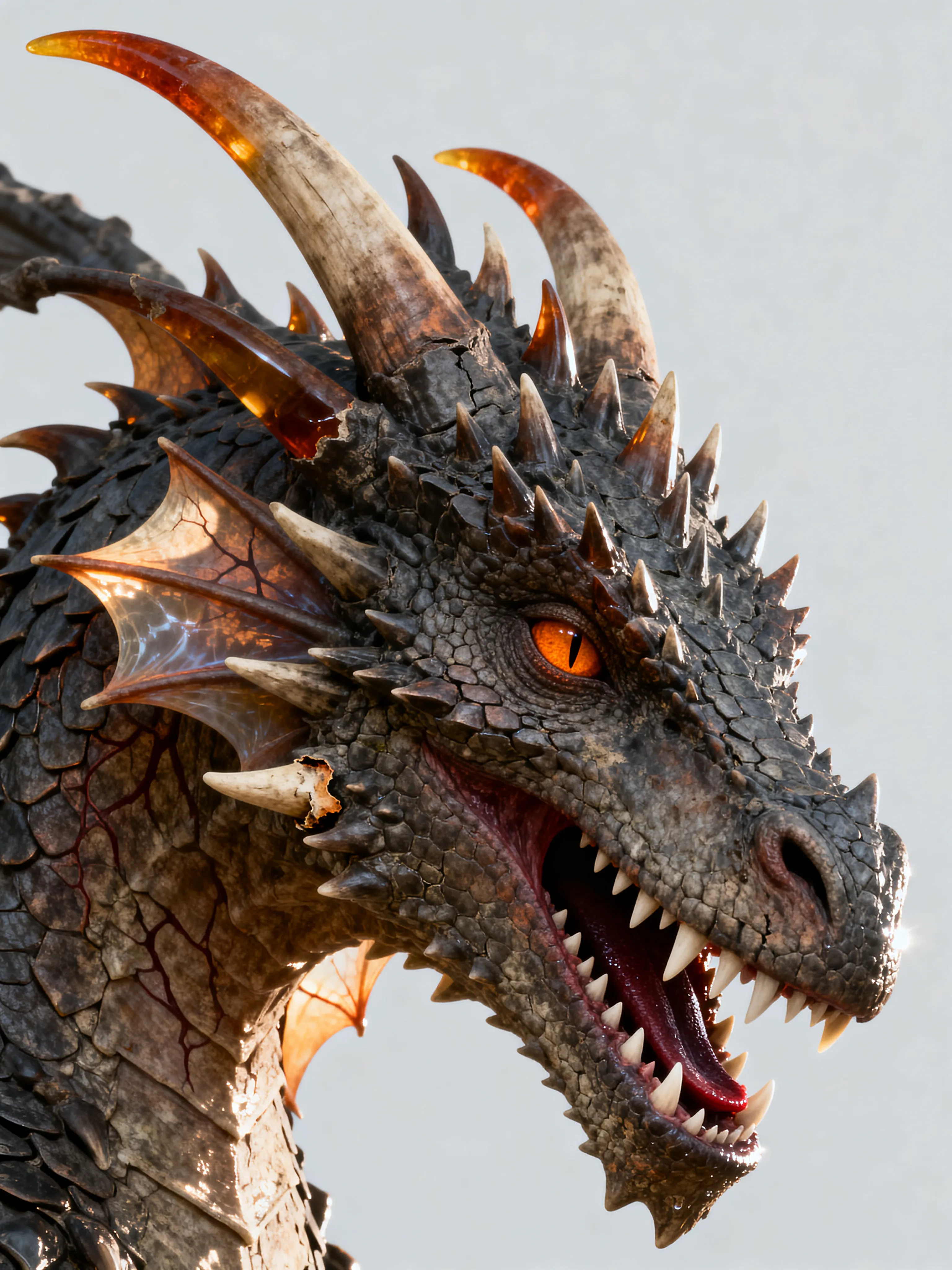 Elder dragon head with cracked grey scales, broken horns and a burning orange eye, mythical creature generated with AI