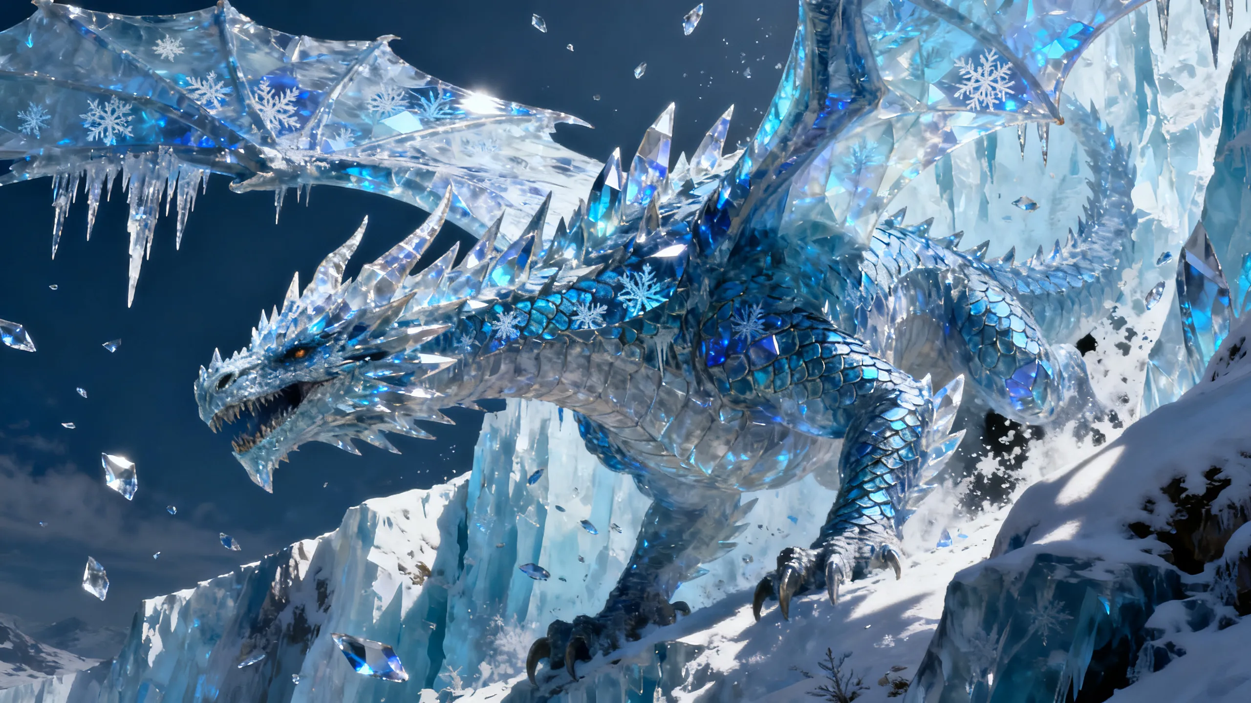 Frost dragon of ice and crystal on a glacier, mythical creature generated with AI