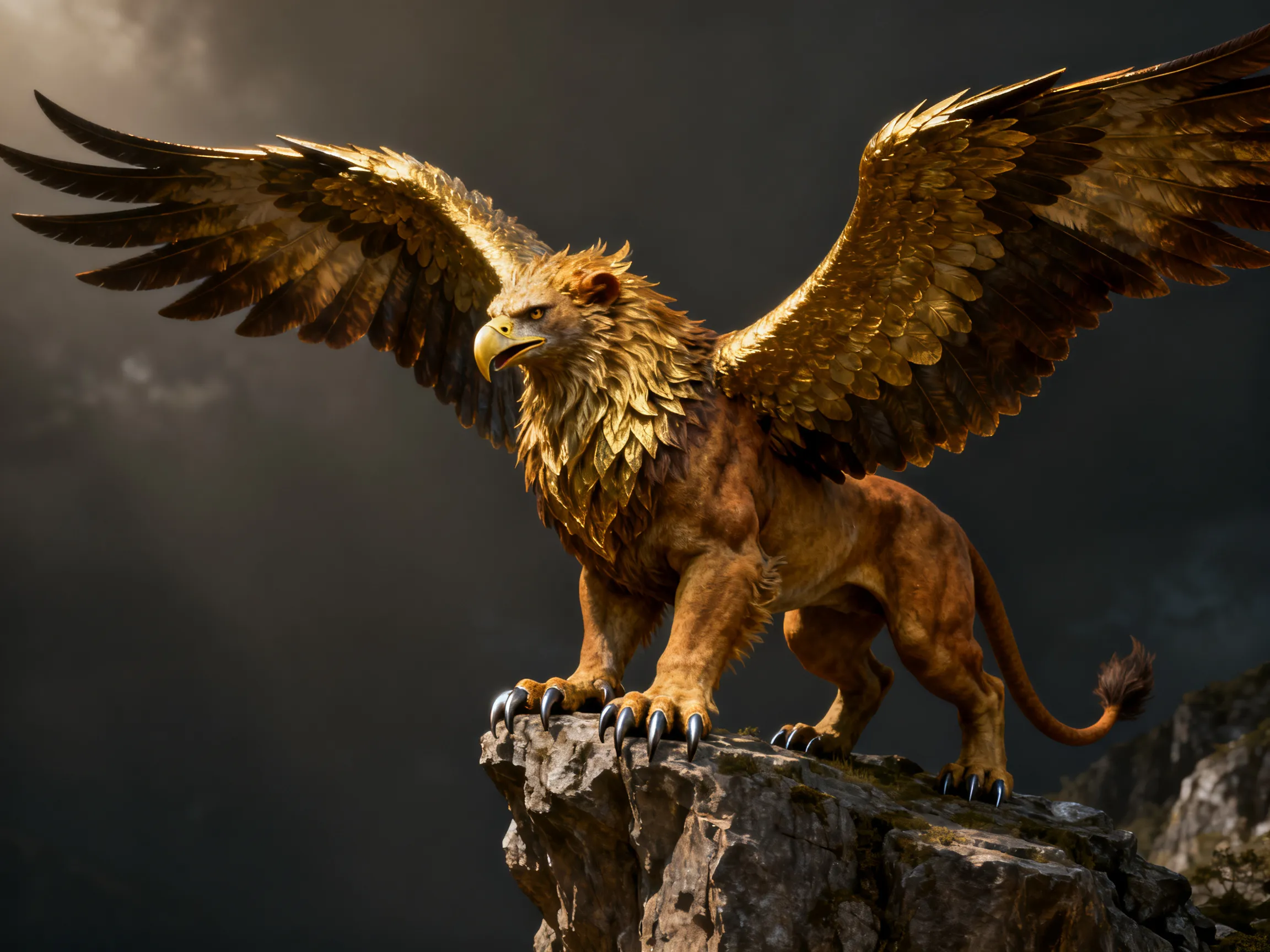 Golden griffin with spread wings perched on a cliff edge, mythical creature generated with AI