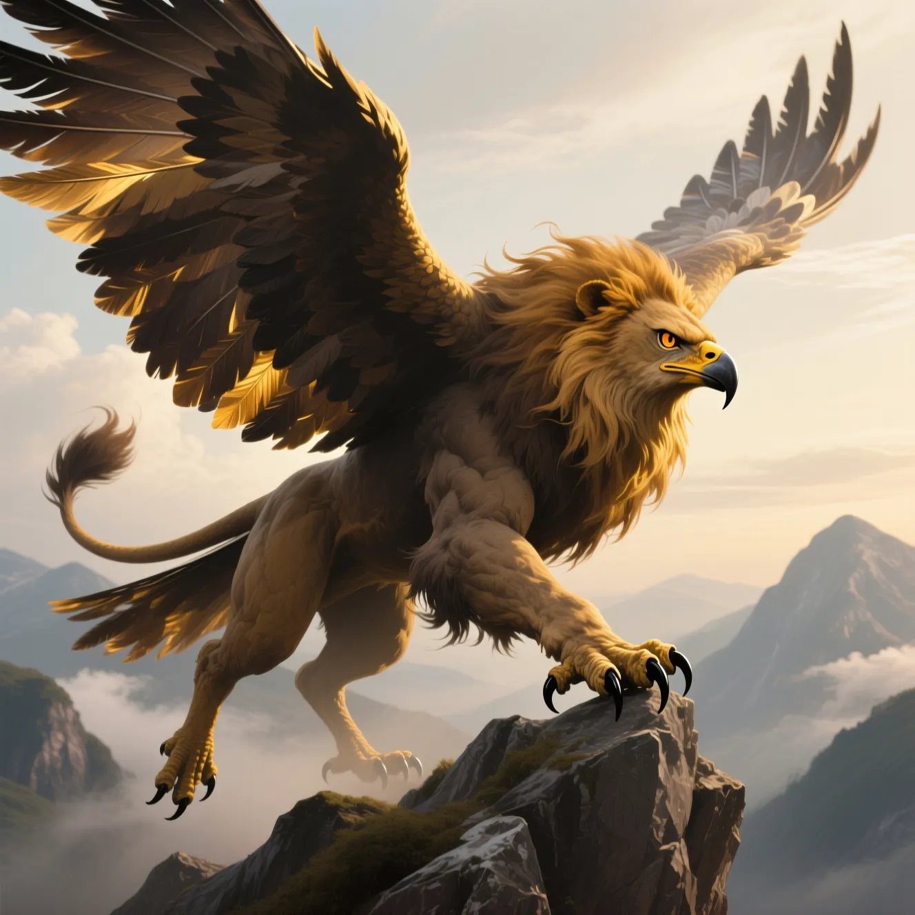 Griffin with an eagle head and lion body perched on a mountain, mythical creature generated with AI