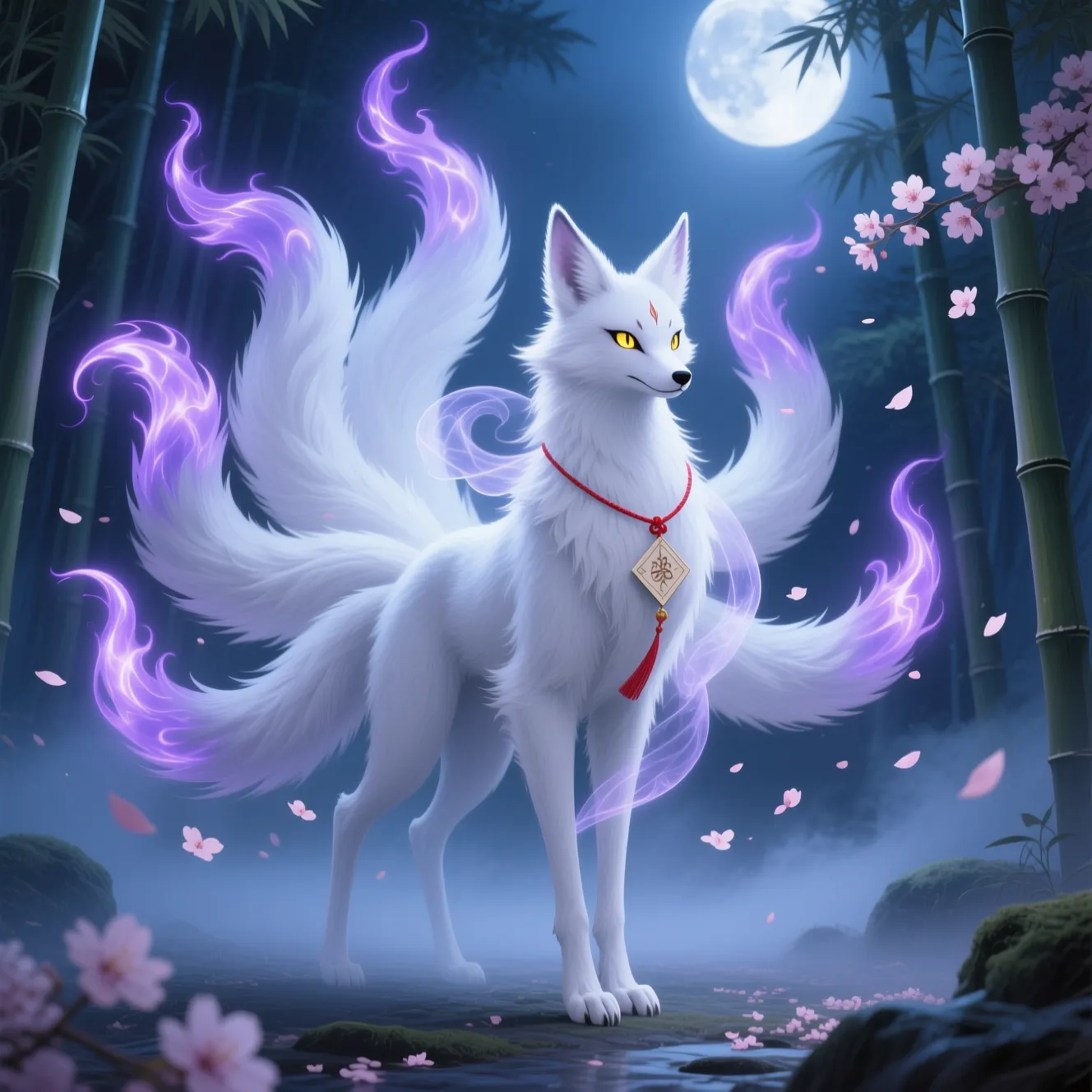 Nine-tailed kitsune fox spirit in a moonlit bamboo grove, mythical creature generated with AI