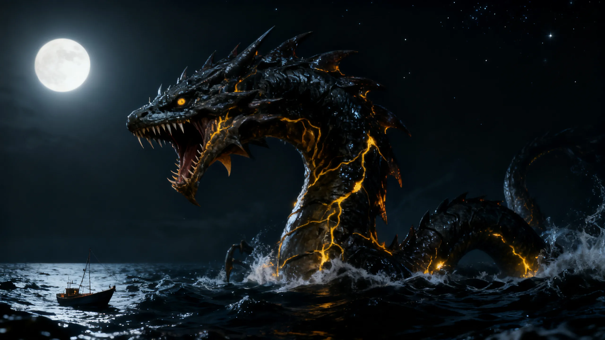 Leviathan sea serpent with molten gold cracks rising beside a fishing boat, mythical creature generated with AI