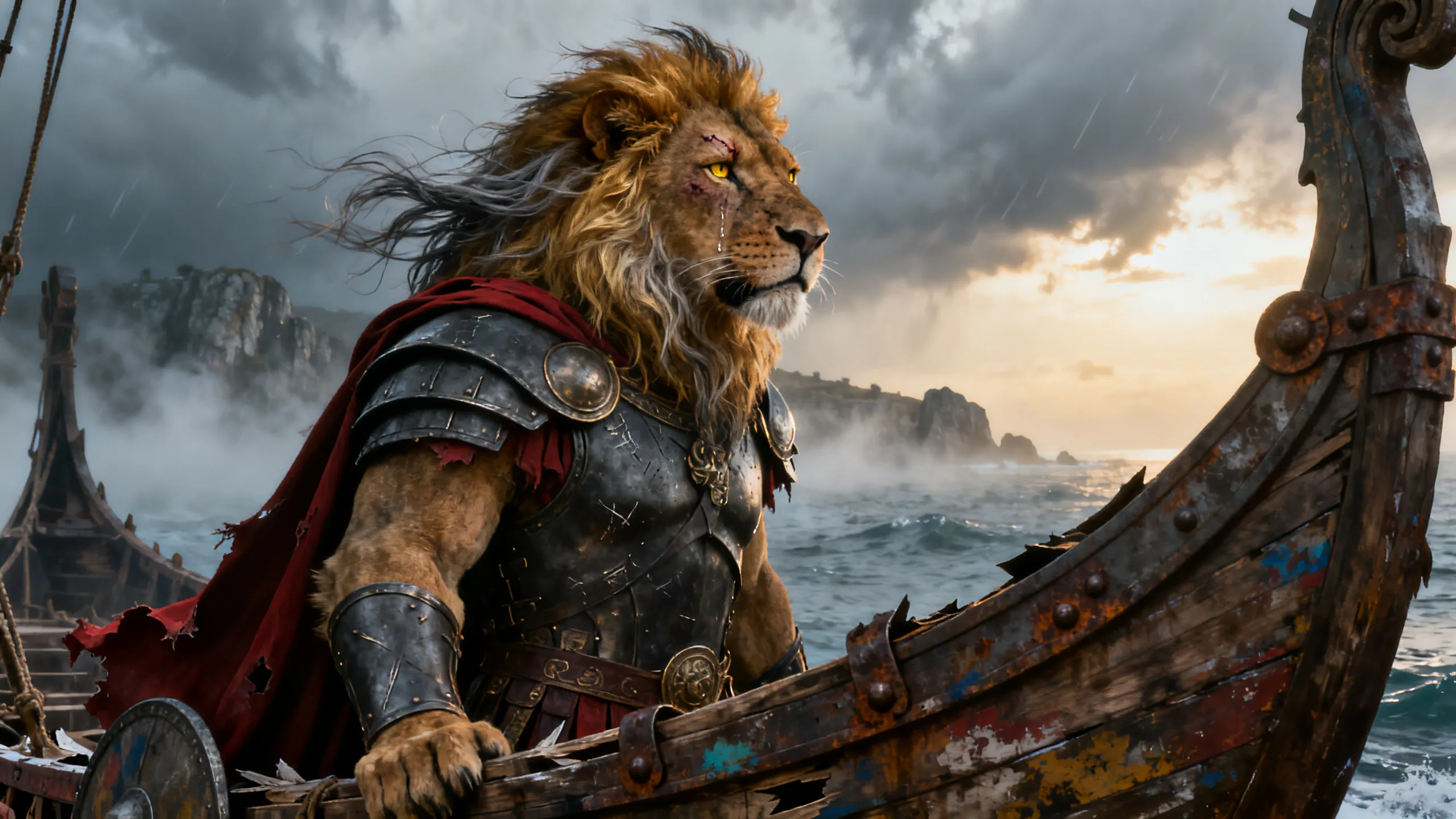 Armoured lion beast-warrior in a red cloak aboard a longship in a storm, mythical creature generated with AI