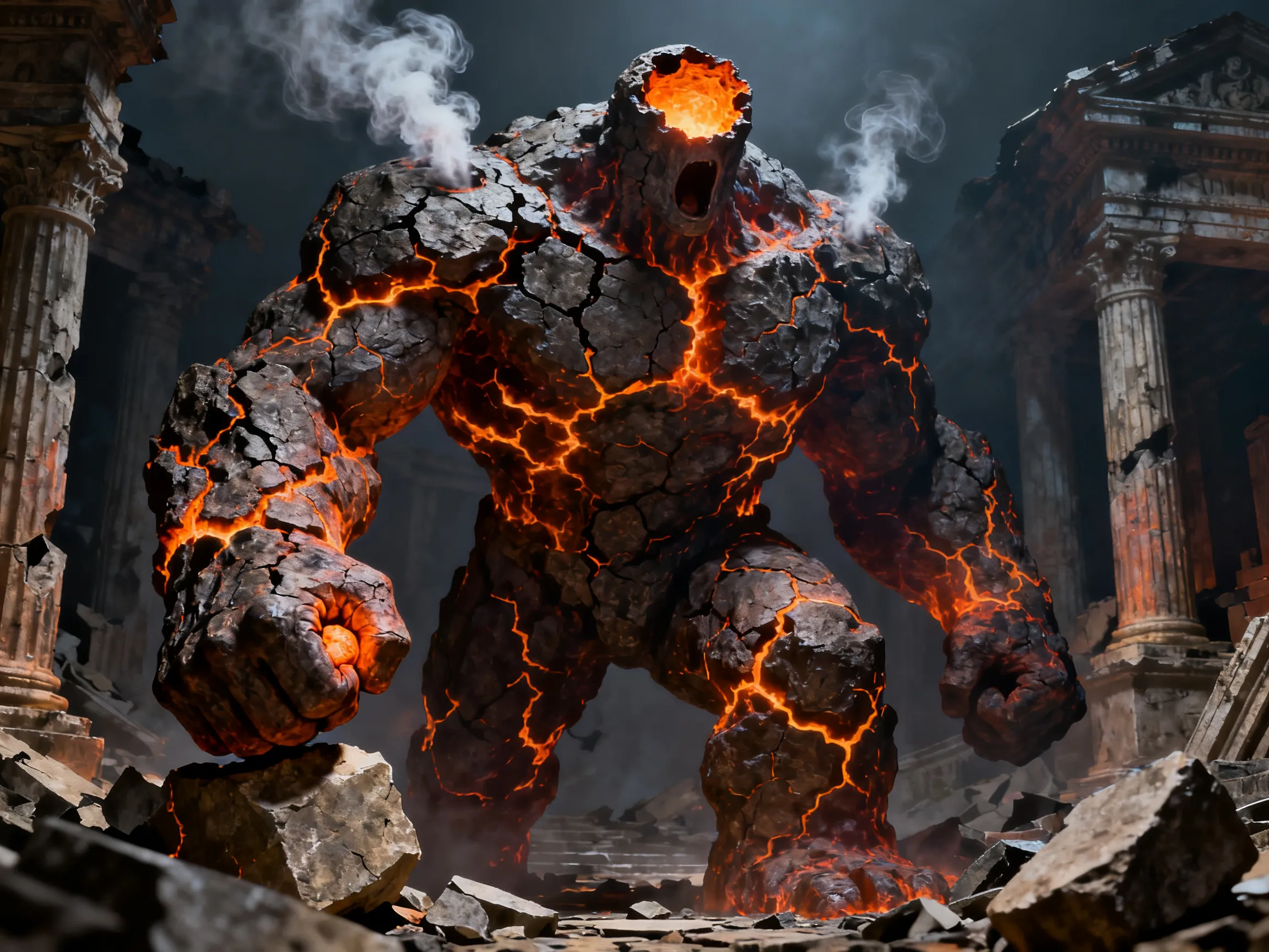 Magma golem of cracked stone and lava standing in ruined columns, mythical creature generated with AI