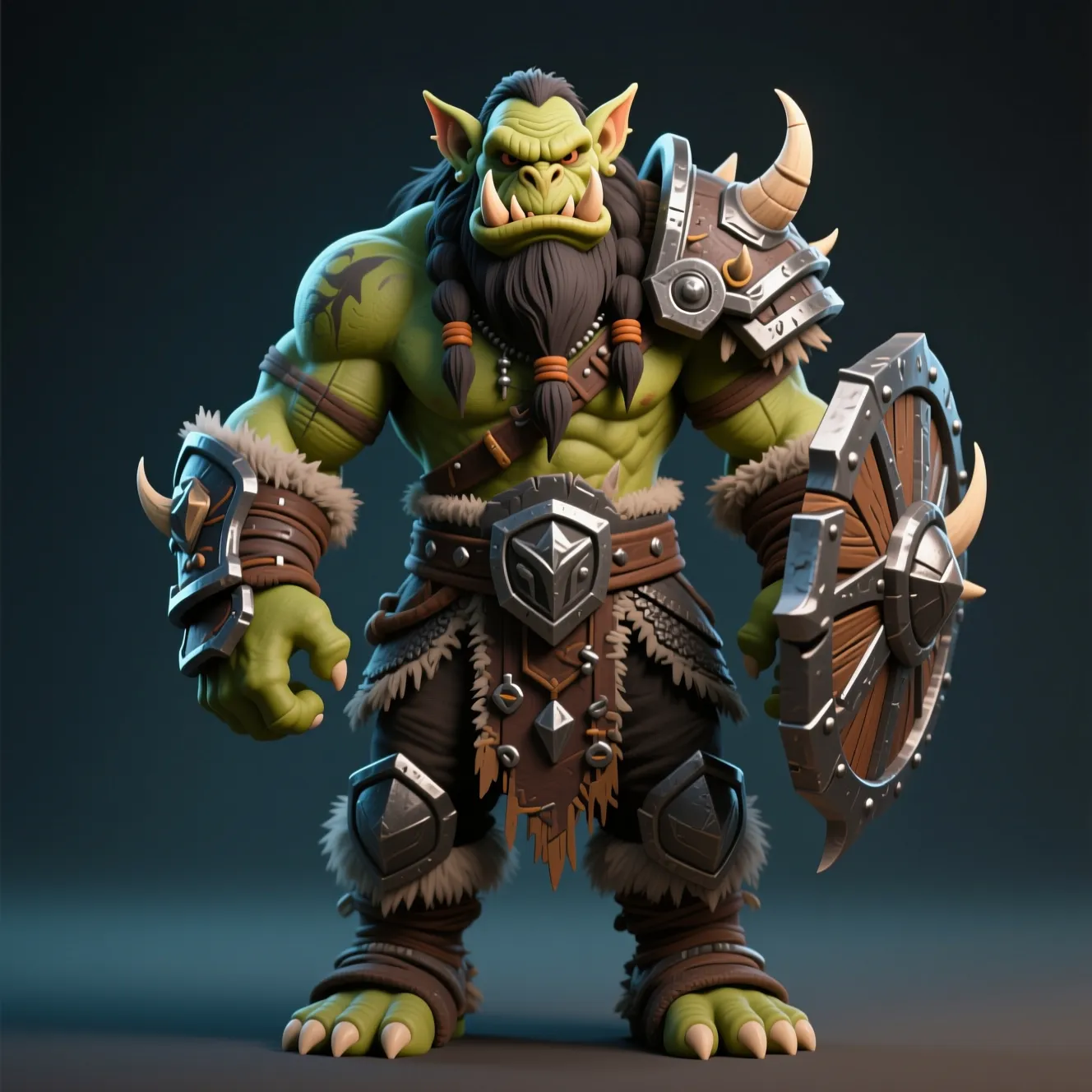 Stylised green orc warlord in horned plate armour with a wooden shield, mythical creature generated with AI