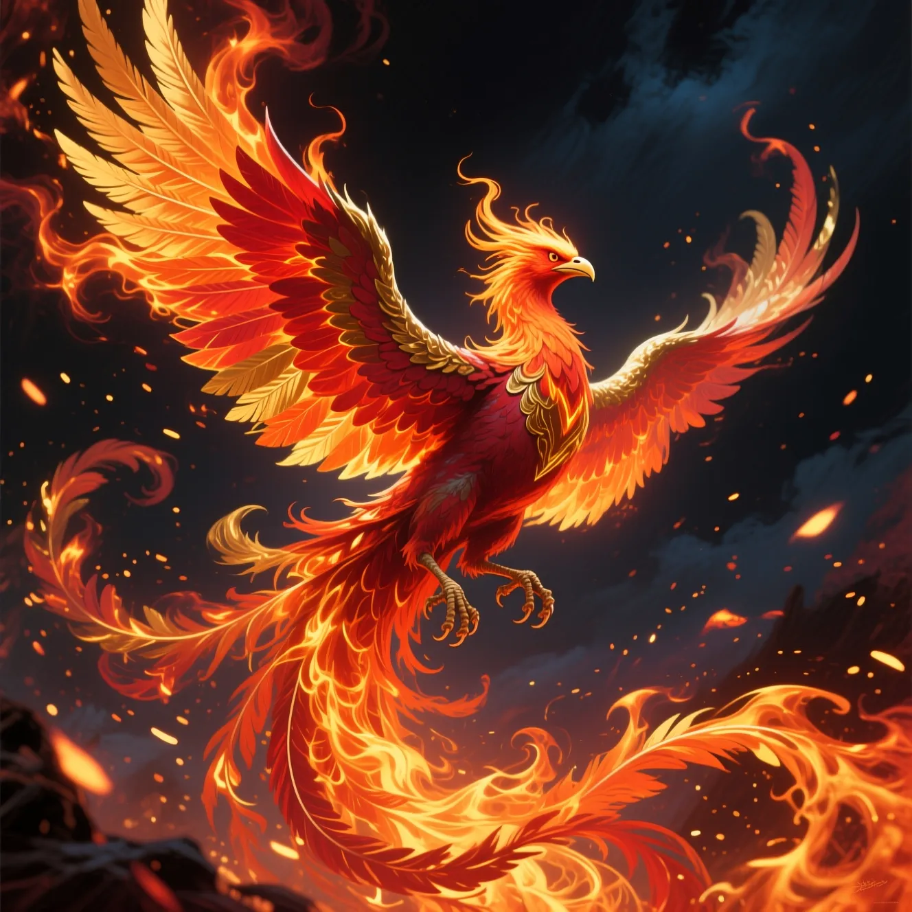 Phoenix with red and gold flaming plumage in flight, mythical creature generated with AI