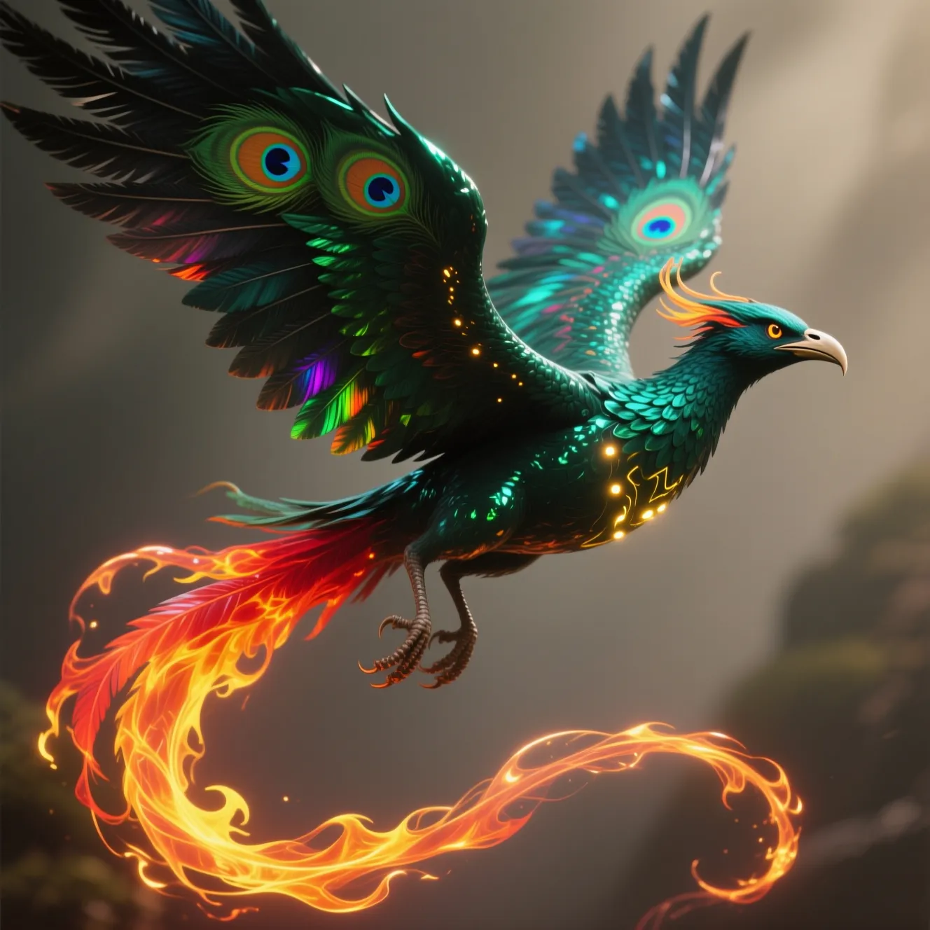 Emerald quetzal firebird with peacock-eye wings and a trailing flame tail, mythical creature generated with AI