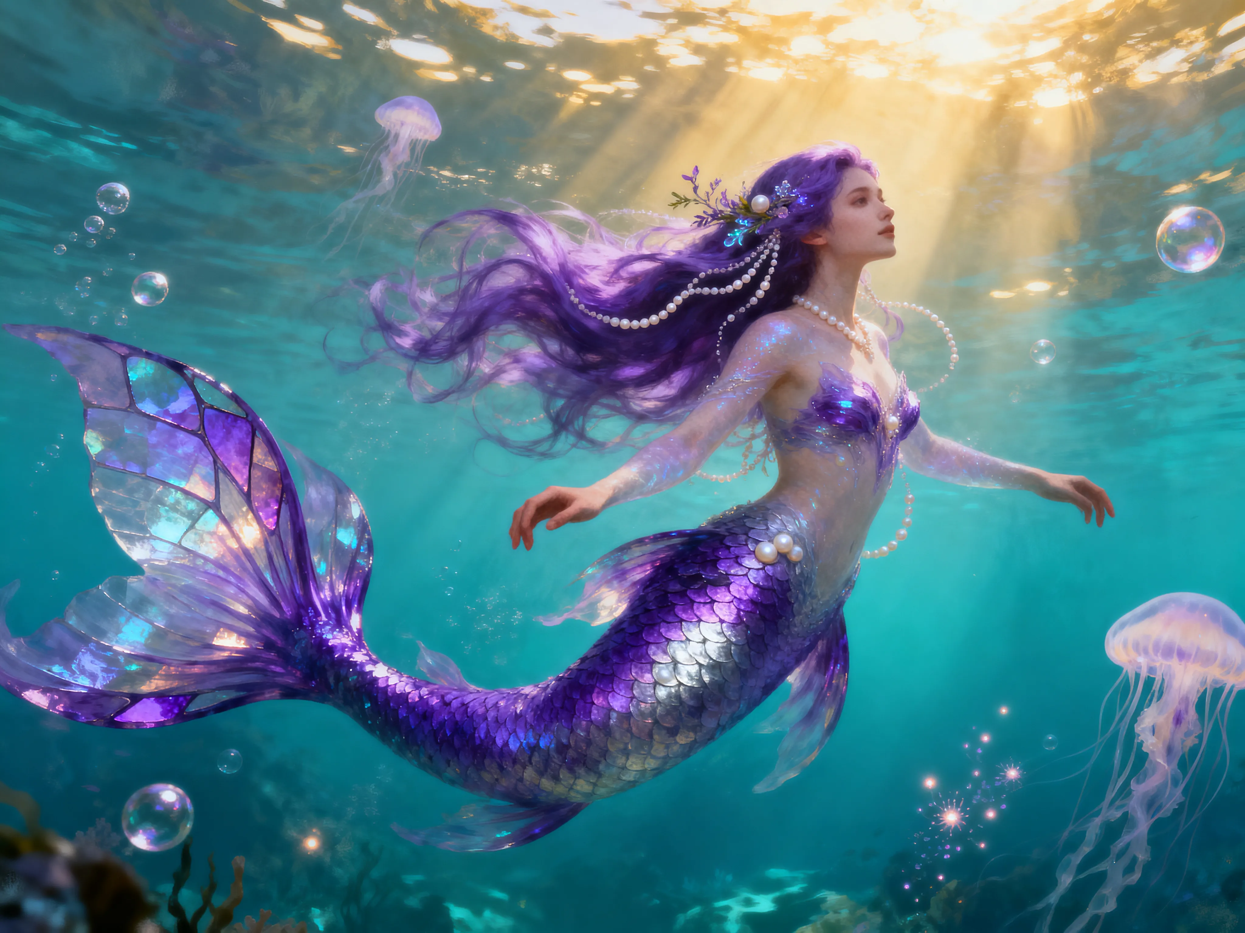 Siren with an iridescent violet tail swimming among jellyfish in sunlit water, mythical creature generated with AI