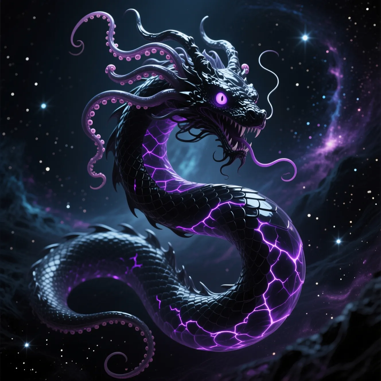 Void serpent with a tentacled mane and glowing purple scales coiled against a starfield, mythical creature generated with AI