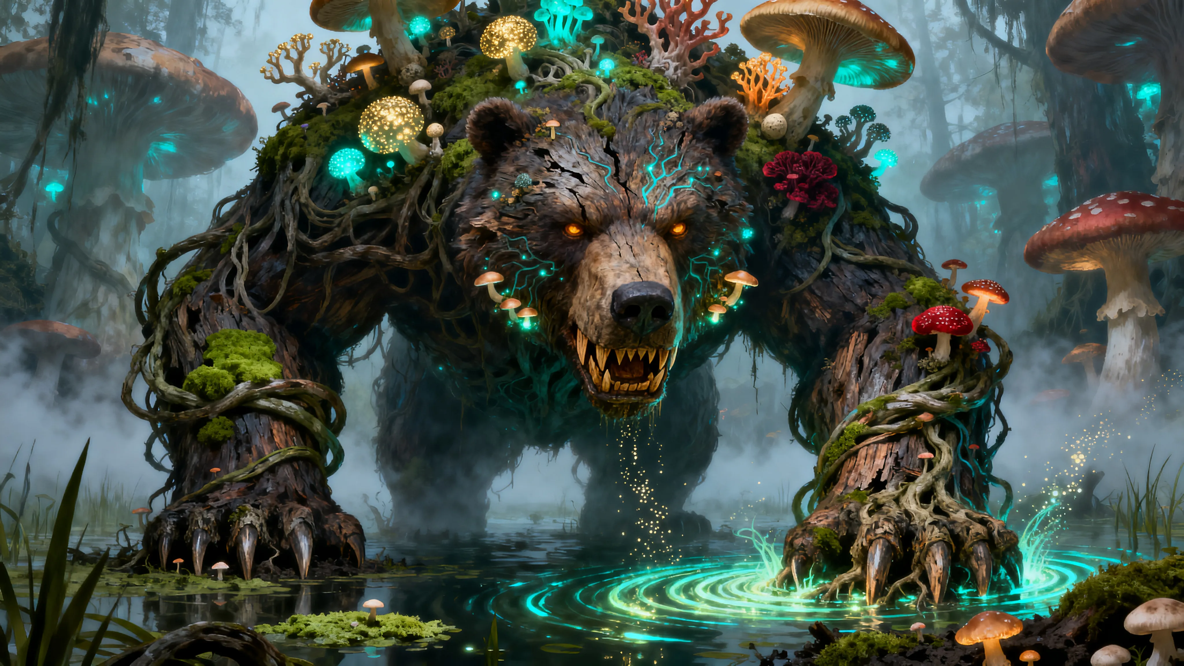 Grove guardian bear covered in moss and glowing mushrooms in a misty swamp, mythical creature generated with AI
