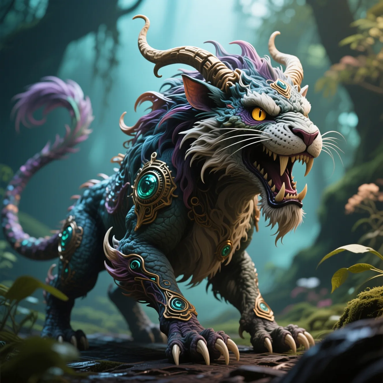 Stylised horned kirin creature with teal scales and a purple mane, mythical creature generated with AI