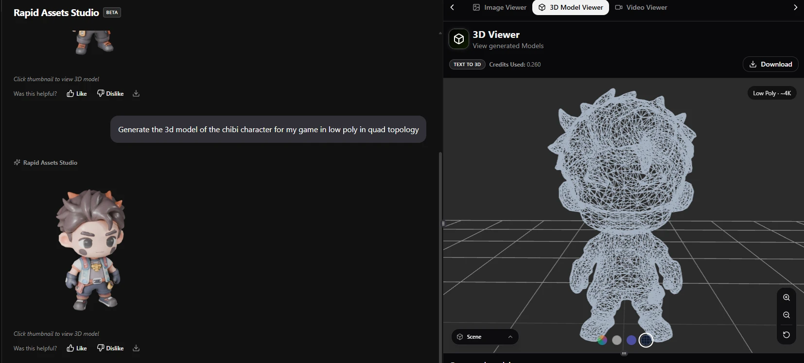 Chibi character from text prompt — front-facing wireframe topology