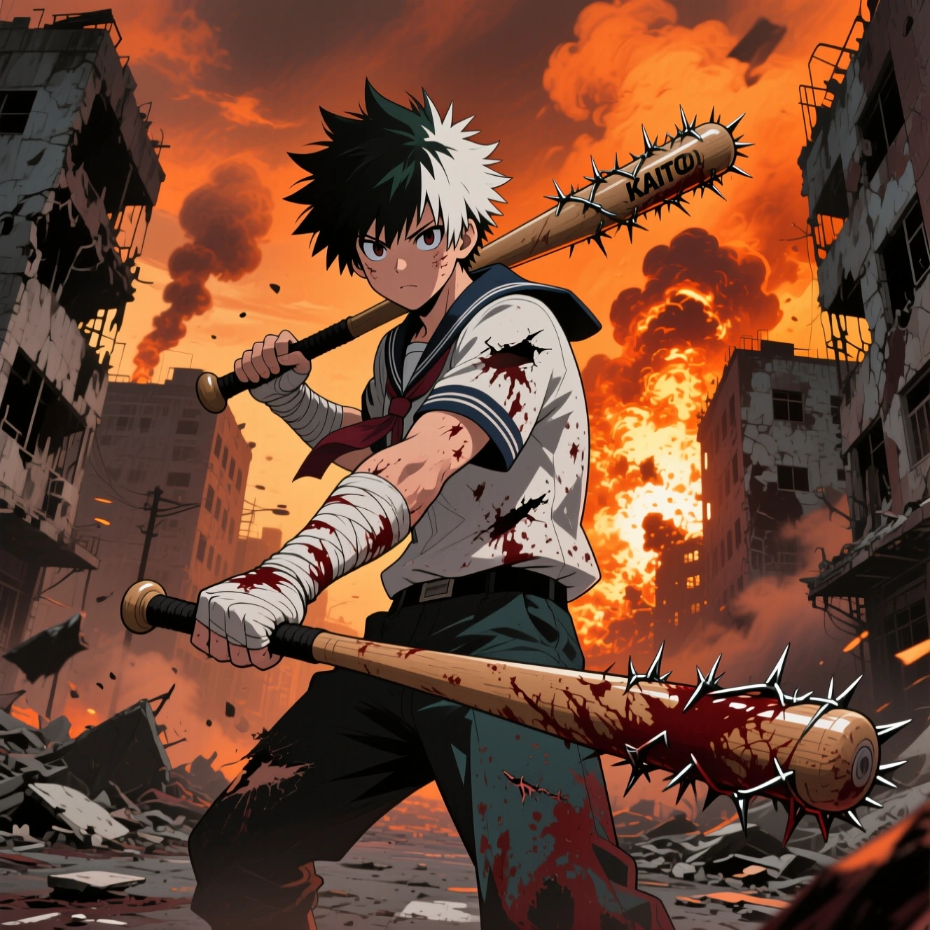 Qwen anime boy with spiked bat in ruined city