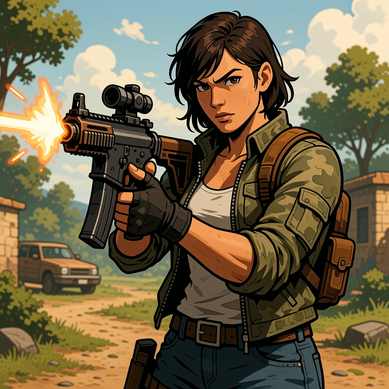 Qwen comic-style soldier firing a rifle