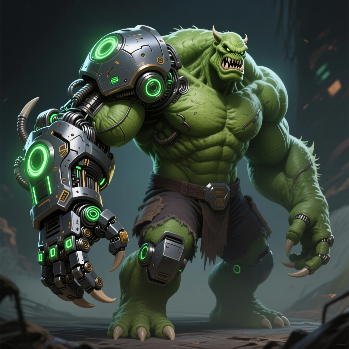 Qwen orc with cybernetic mech arm