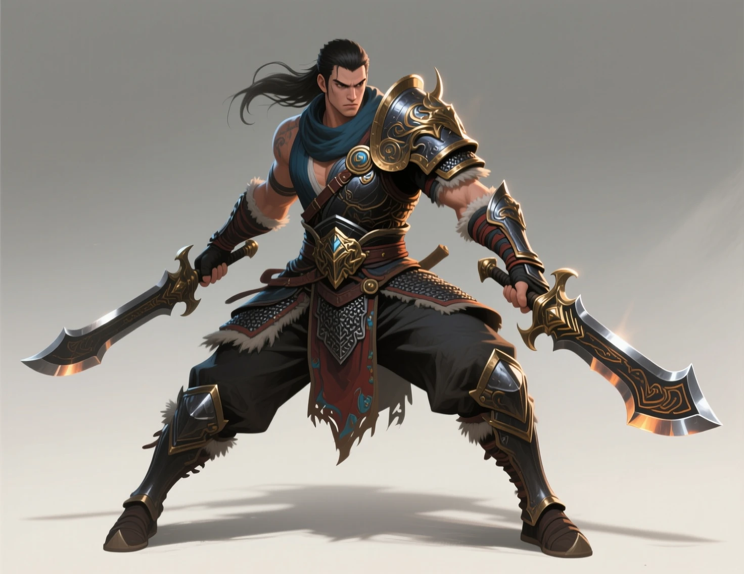 Qwen AI generated dual-blade warrior in ornate armor wielding two glowing swords