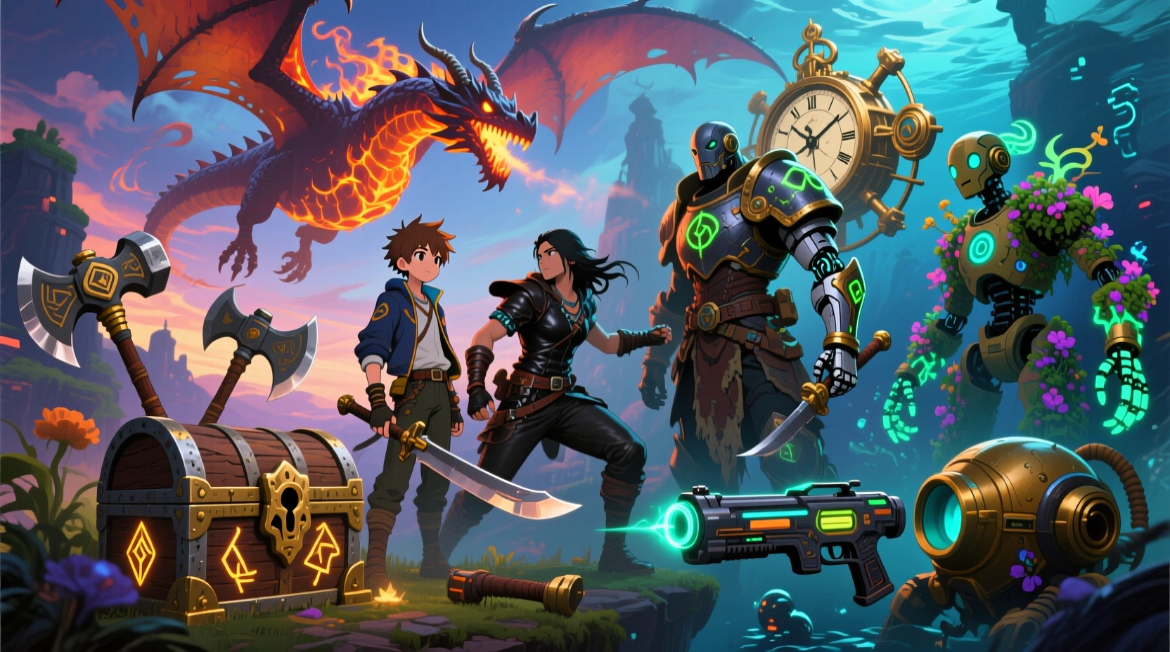 Qwen game key art collage with heroes and dragon