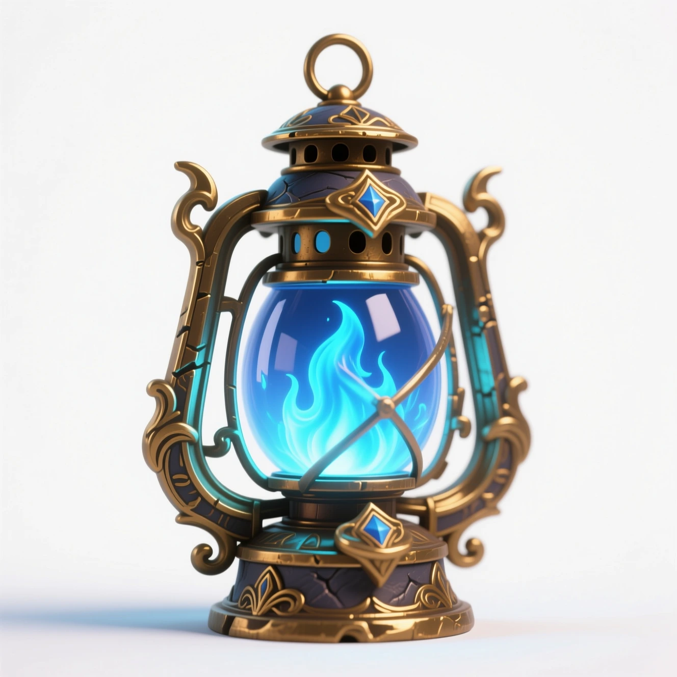 Qwen generated blue-flame magic lantern game item on white background