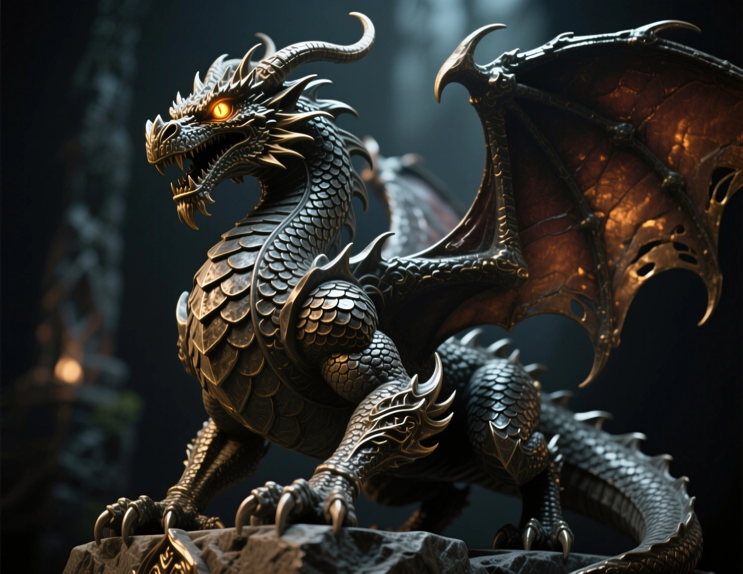 Qwen photoreal ornate metal dragon statue with glowing eye