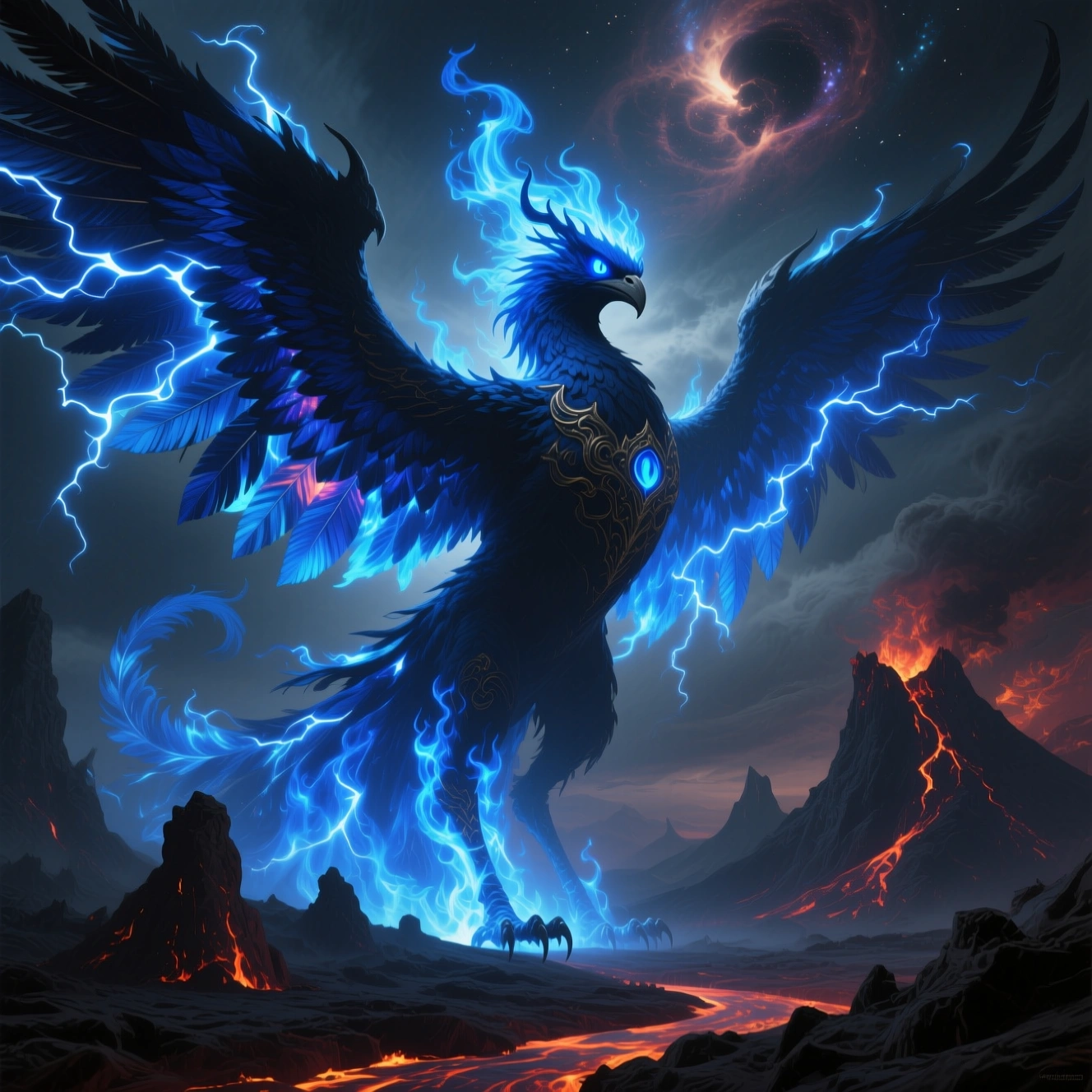 Qwen blue lightning phoenix over volcano