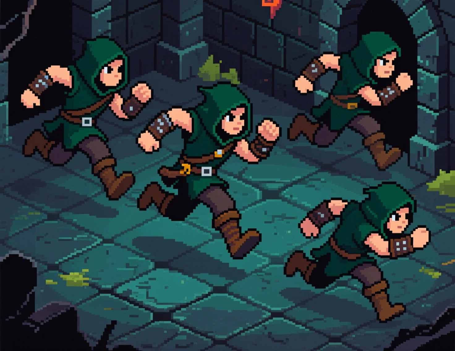 Qwen pixel art hooded rogues in dungeon