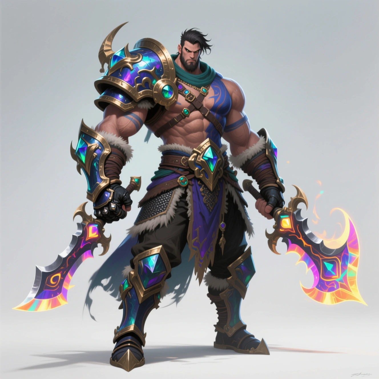 Qwen generated barbarian warrior with dual iridescent axes