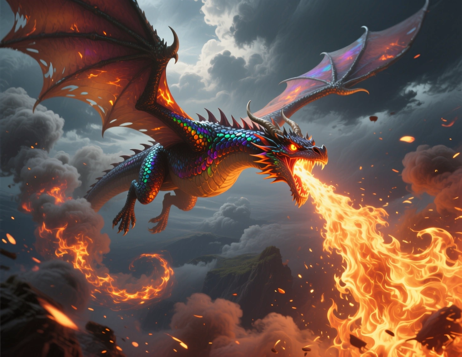 Qwen rainbow fire-breathing dragon