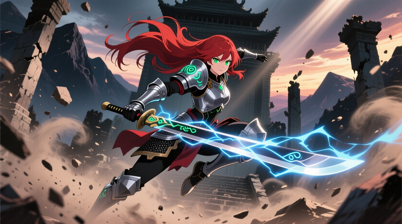 Qwen red-haired knight girl with glowing katana