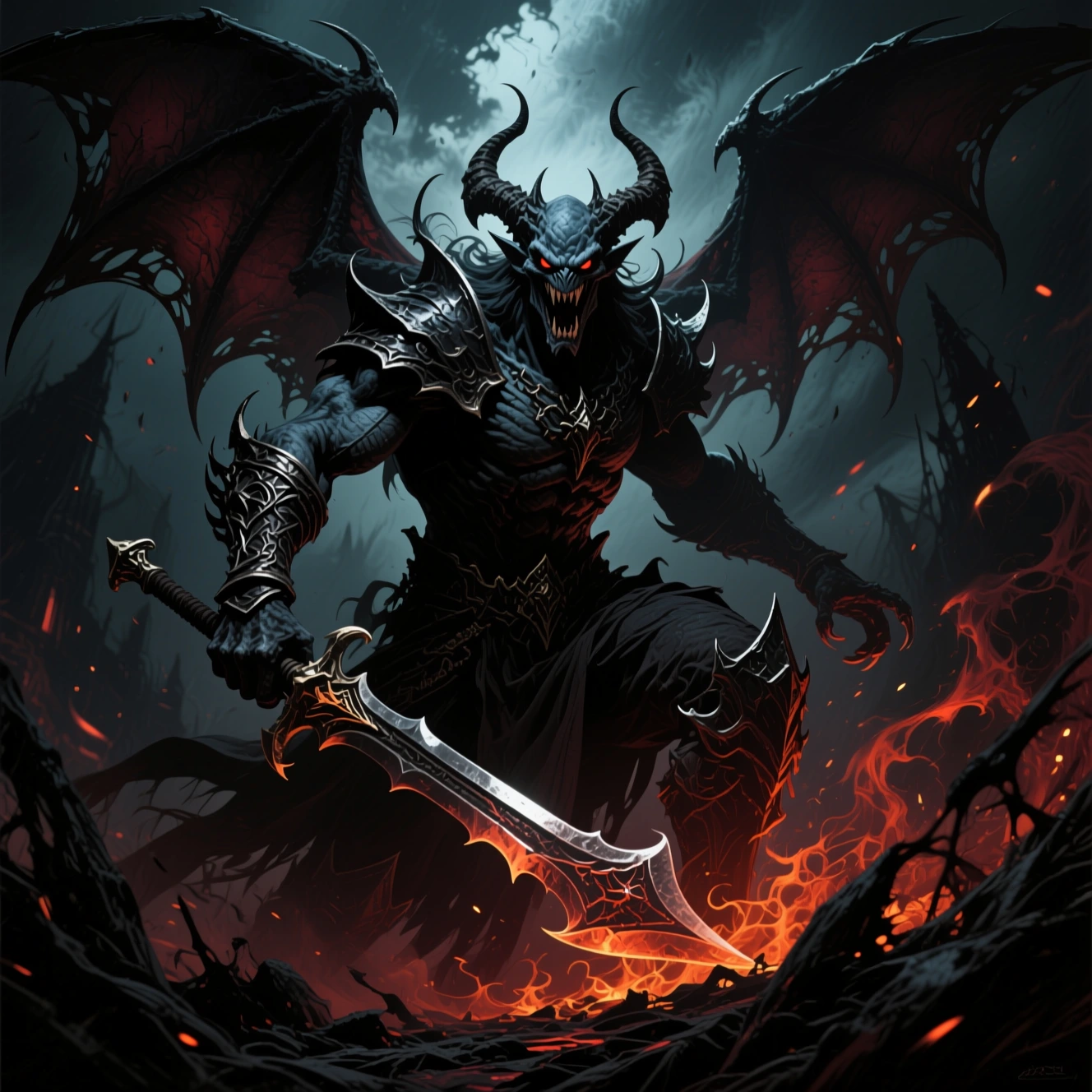 Qwen winged demon with flaming sword