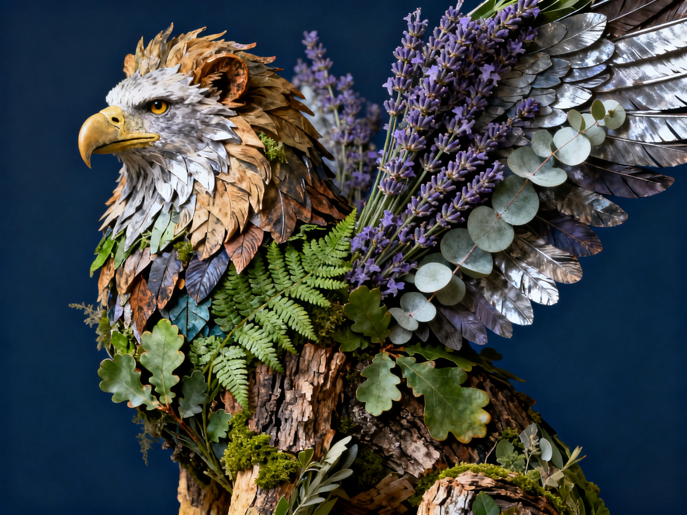 Seedream4 photoreal eagle sculpted from leaves, lavender, eucalyptus and feathers