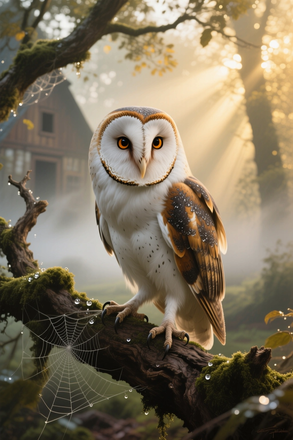 Seedream4 photoreal barn owl in misty forest