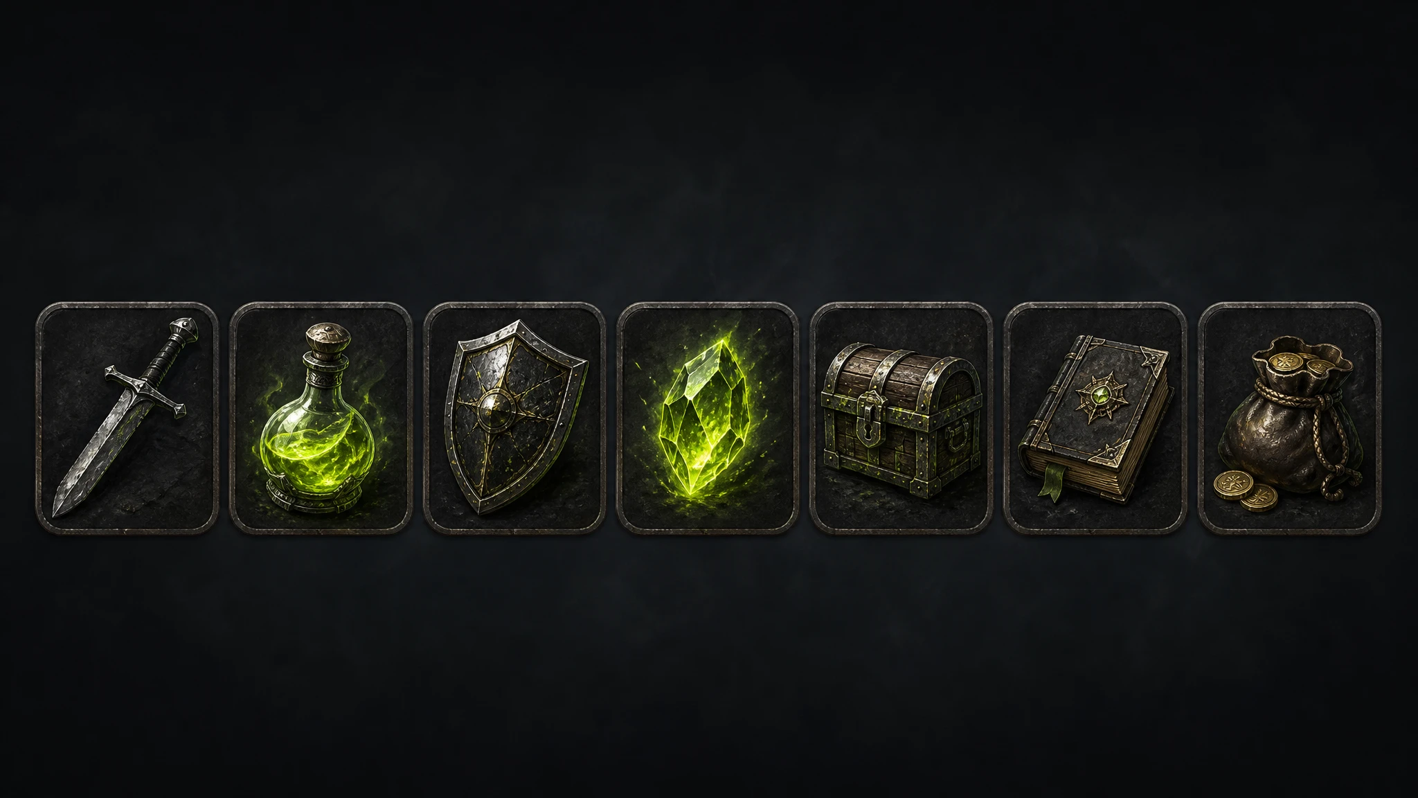 Row of fantasy RPG game icons with glowing green accents, representing free AI tools for game art
