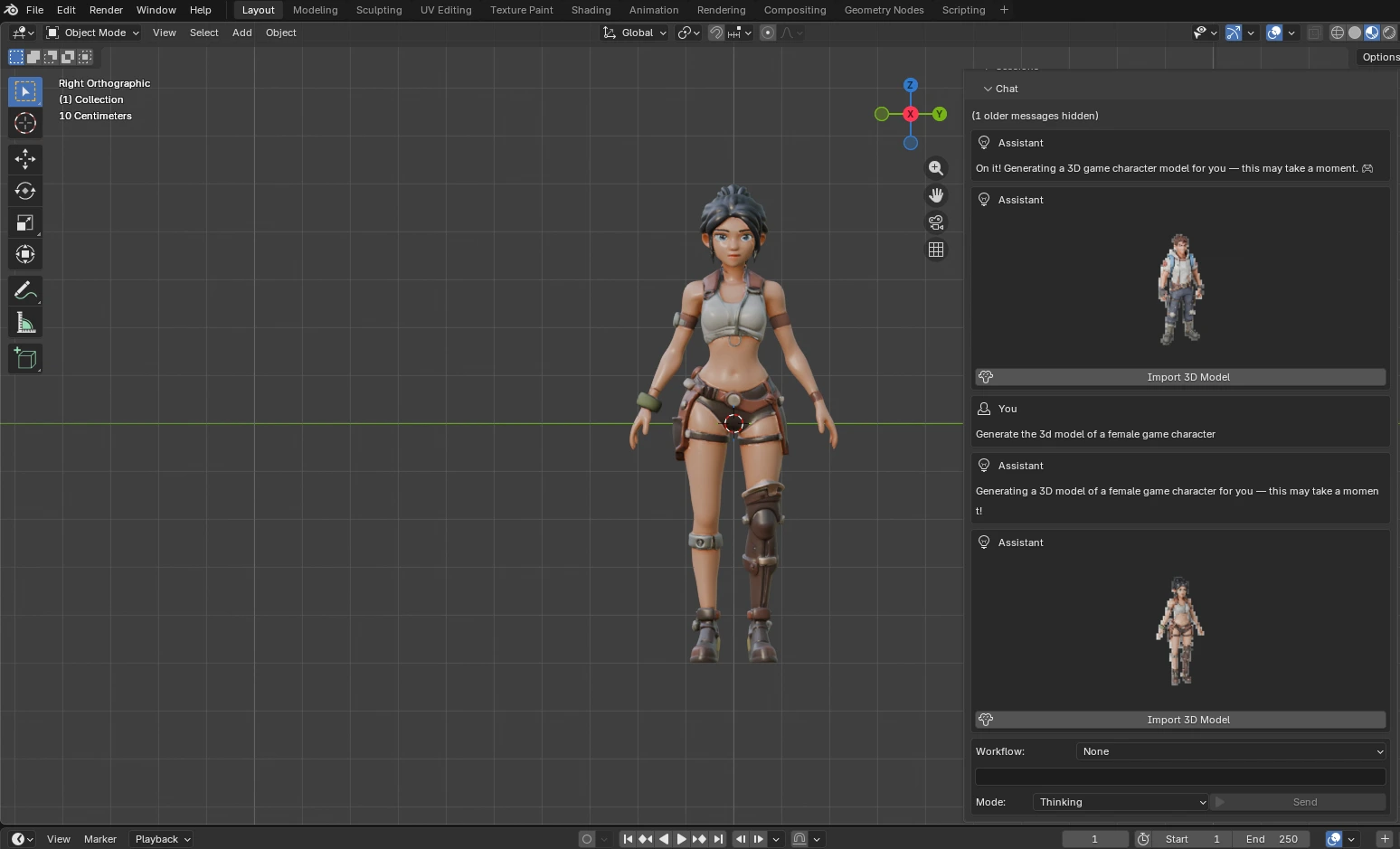 AI-generated female adventurer game character 3D model imported into Blender from a text prompt using Rapid Assets