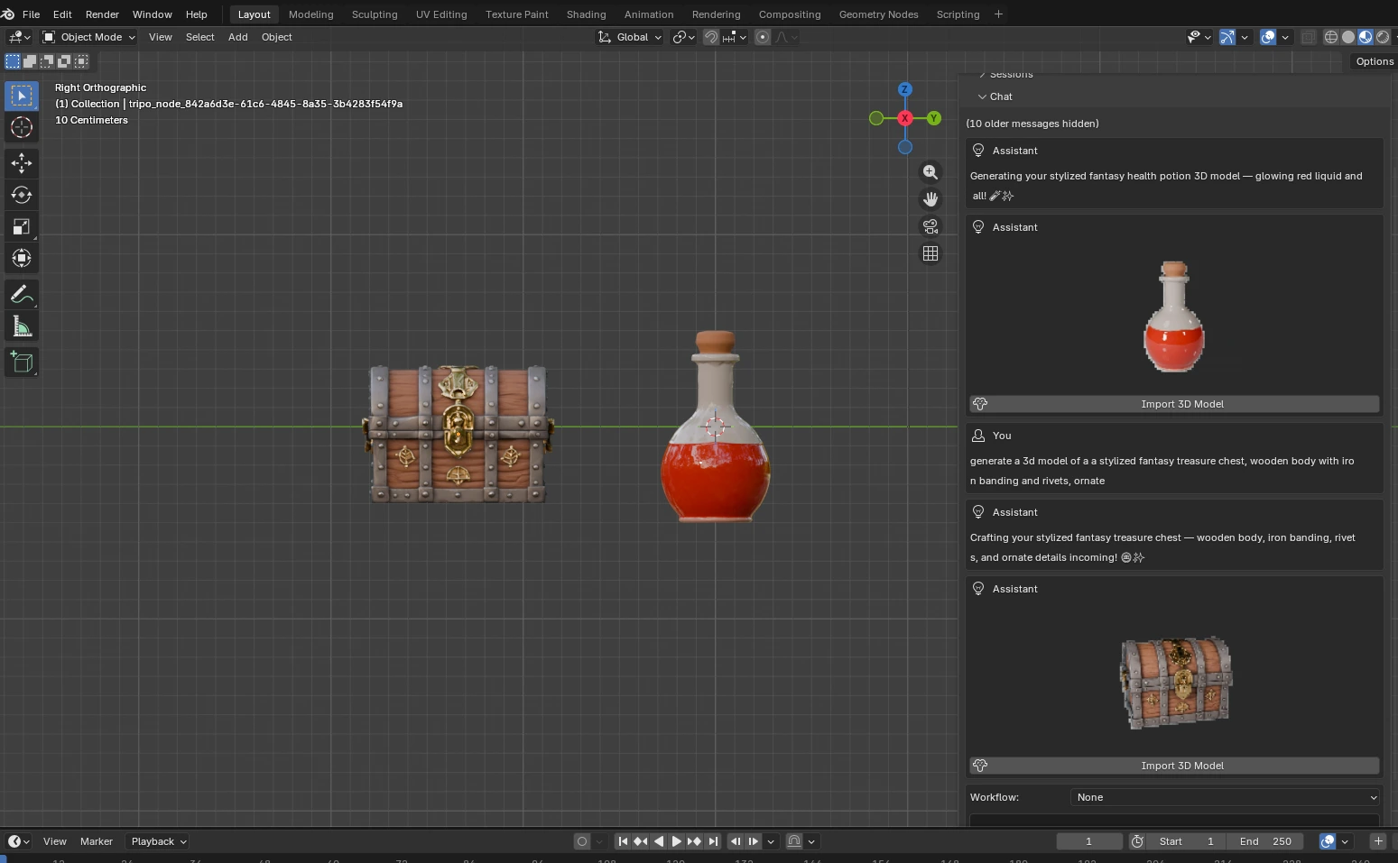 AI-generated fantasy treasure chest and health potion 3D props imported into Blender using Rapid Assets text-to-3D