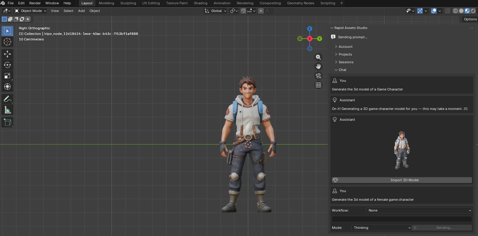 AI-generated stylized game character 3D model in right orthographic view inside Blender with Rapid Assets Studio panel visible