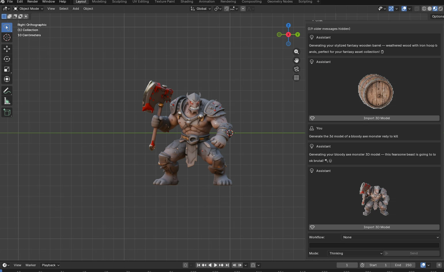 AI-generated massive orc monster with bloody axe 3D enemy character imported into Blender using Rapid Assets