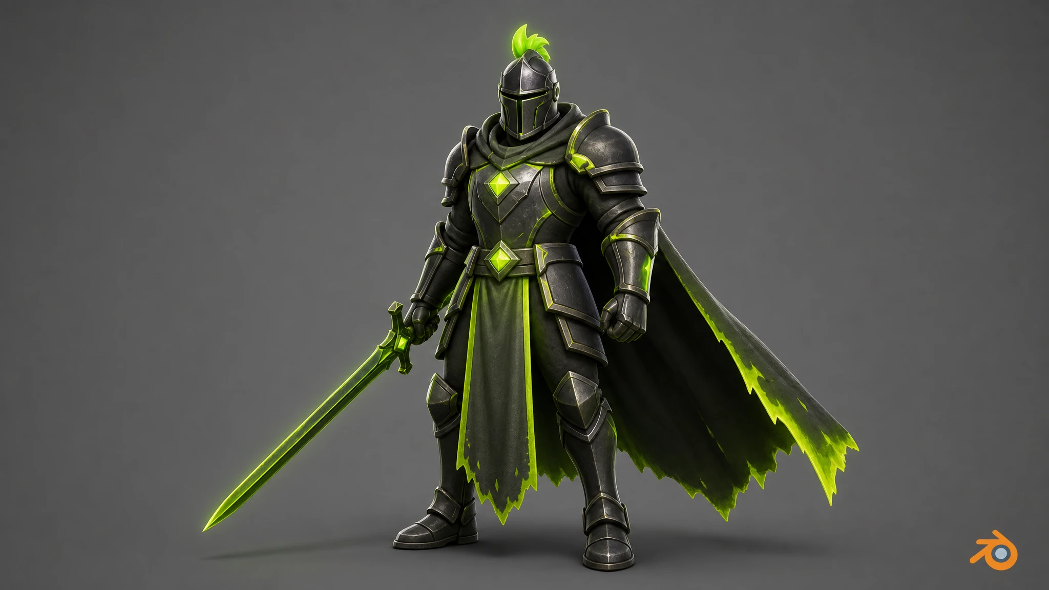 3D stylized armored knight character with glowing green accents, representing the Rapid Assets Blender plugin
