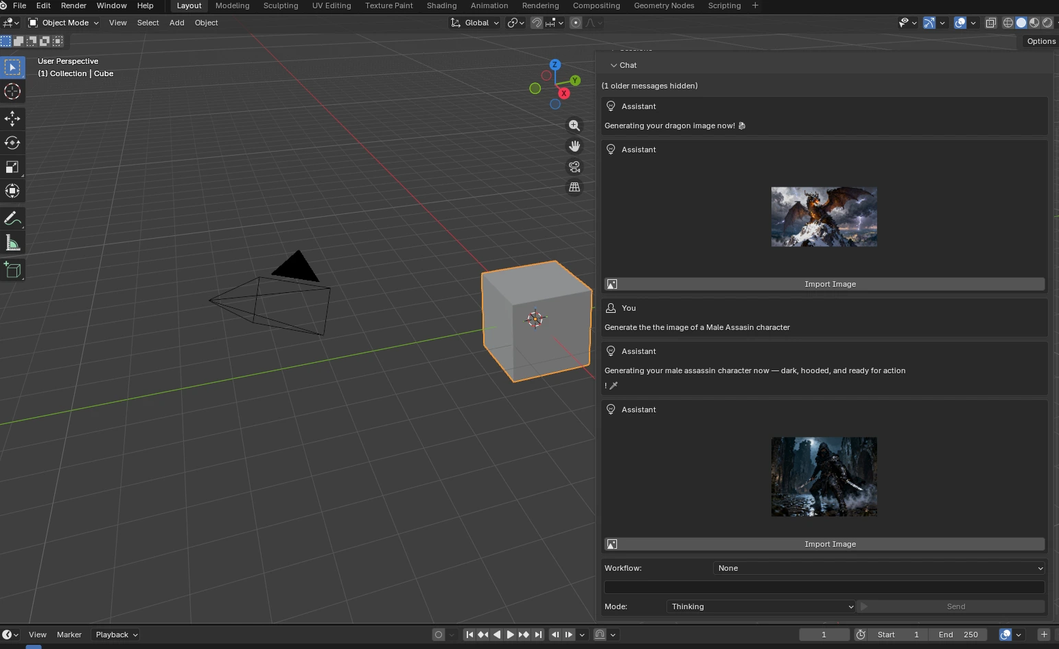 Rapid Assets Blender plugin showing AI image generation panel with a male assassin character generated inside Blender