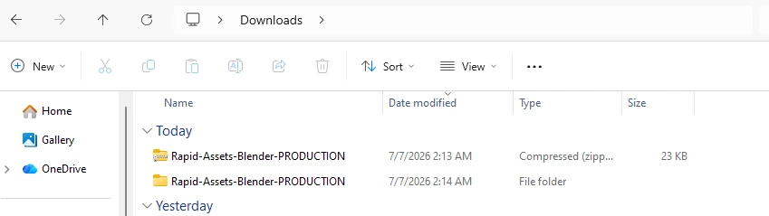 Downloaded Rapid-Assets-Blender-PRODUCTION.zip file shown in the Windows Downloads folder