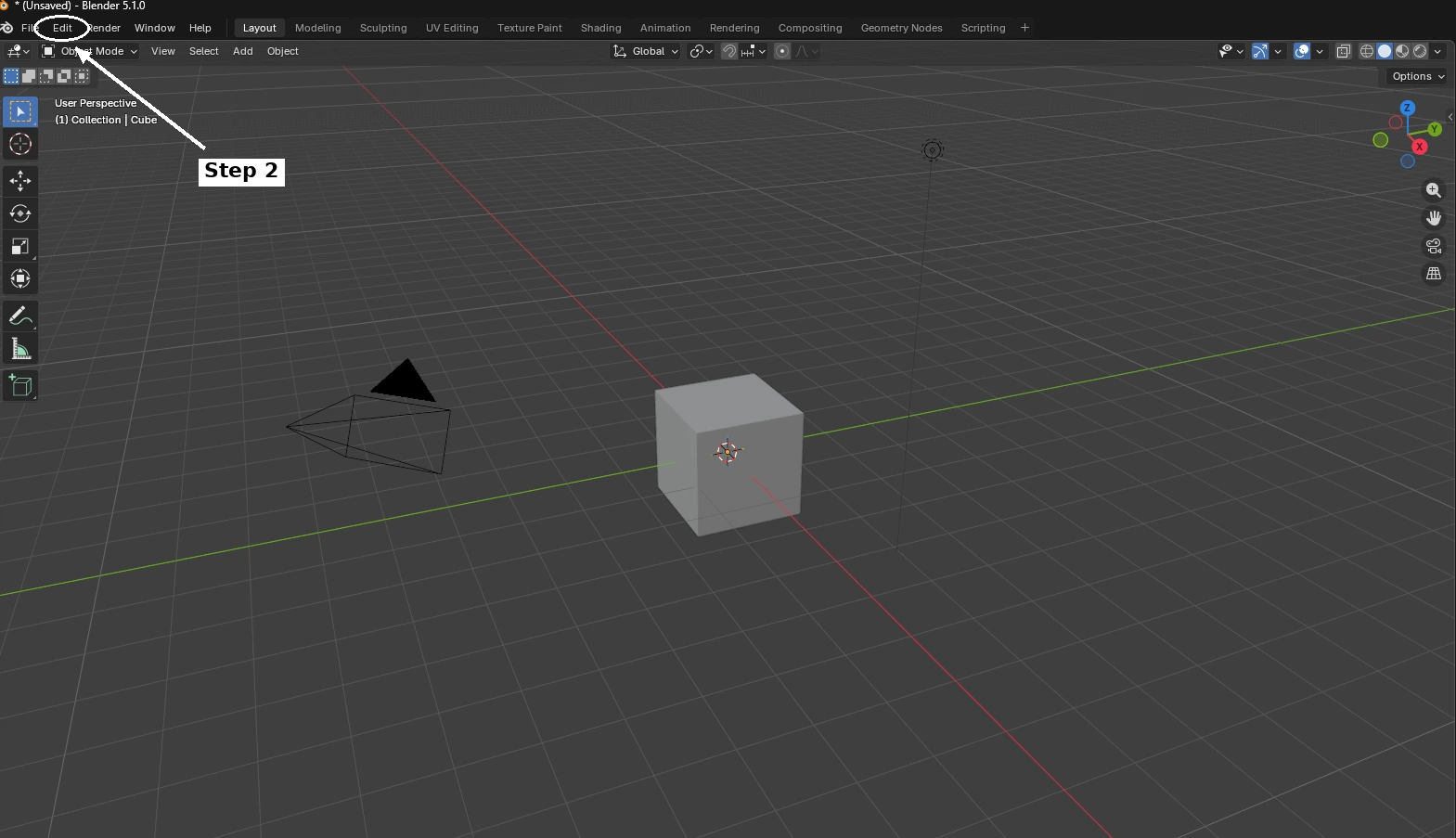 Blender interface with the Edit menu highlighted in the top-left menu bar