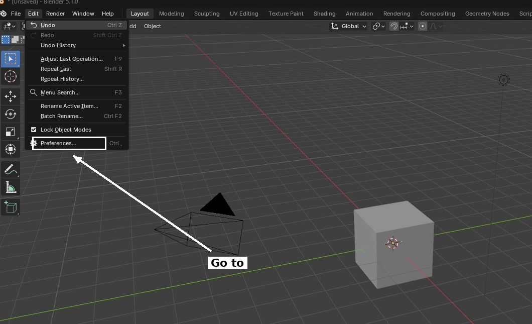 Blender Edit menu open with the Preferences option highlighted