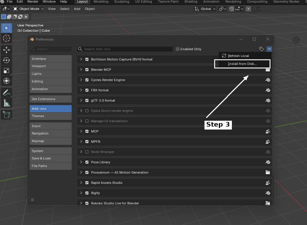 Blender Preferences Add-ons tab with Install from Disk button highlighted